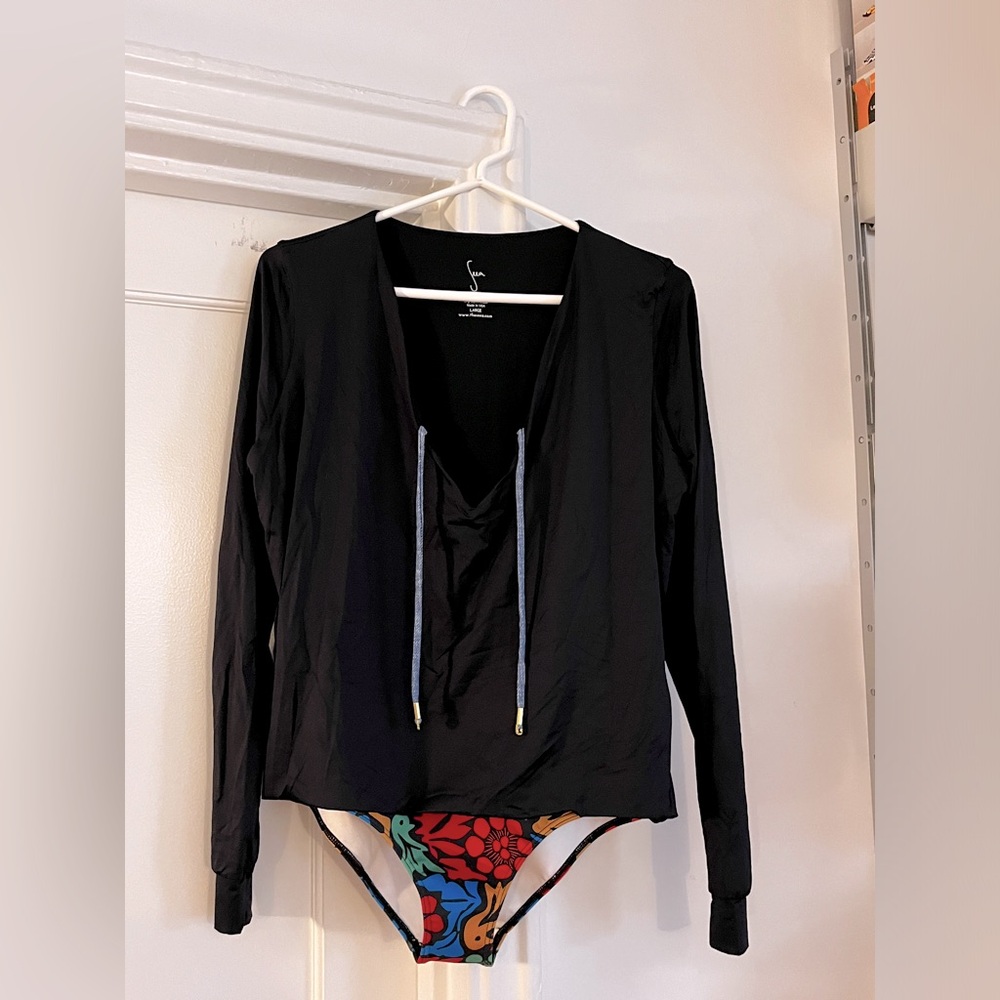 Seea Black Long Sleeve Swimsuit with Colorful Bottom